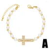 Charm Bracelets FLOLA Catholic CZ Crystal Cross For Women White Pearl Beaded Chain Virgin Mary Amulet Jewelry Gifts Brtf71