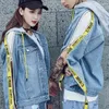 Women's Jackets Spring Autumn Korean Version Of The Tide Section Stitching Zipper Hit Color Letter Woven Band Loose Hooded Couple Denim