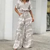 Kvinnors jumpsuits Rompers Summer Women Camouflage Print Playsuit mode Ladies Wide Leg Romper Overalls Casual midjed Drawstring Lace-up Shirt Jumpsuitsl231005