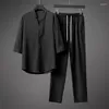 Herrspårar Casual Loose Tops Two Piece Sets Men Leisure Stand Collar Knapped Pullover and Trousers Suirts For Summer Vintage Outfits
