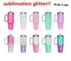 Nowe 40 unz Glitter Tubblers Cups z uchwytem logo i słomkami wielokrotnego użytku Izolowane samochody kubki ze stali nierdzewnej Sublimacja Sublimacja Butelki z wodą 1005