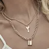 Chokers 2021 Fashion Punk Double Chain Golden Lock Key Pendant Statement Choker Necklace for Women Girl Bridal Party Jewelry Gift2729