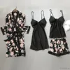 Damen-Nachtwäsche, Sommer-Satin, 4-teilig, Robe-Set, Kunstseide, Kimono-Pyjamas für Frauen, Blumendruck, sexy Nachthemden in Übergröße, S208J