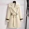 Mulheres misturas de lã outono e inverno jaqueta roupas casacos de lã cinto fino elegante longo casaco feminino bege preto outerwear 230928