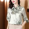 Green Silk Satin Graphic Vintage Shirt Women Designer Long Sleeve Classic Lapel Casual Button Up Shirts 2023 Autumn Winter Chic Runway Blouses Office Ladies Tops