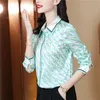 Green Silk Satin Graphic Vintage Shirt Women Designer Long Sleeve Classic Lapel Casual Button Up Shirts 2023 Autumn Winter Chic Runway Blouses Office Ladies Tops