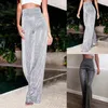 Mulheres cintura alta glitter calças para 2023 primavera verão roupas prata brilhante lantejoulas alargamento calças festa clubwear 231005