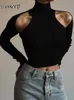 Women's Sweaters Weekeep Basic Black Turtleneck Sweater Pullovers Hollow Out Off Shoulder Skinny Casual Sweaters Streetwear Women Knitwear Jumper 231005