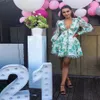 Europa Runway Designer Kleid 2018 Damen Hochwertiges Puffärmel Sexy V-Ausschnitt Floral Bedrucktes Stickerei Knopf Resort Kleid 2750