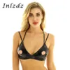 Mulheres lingerie erótica sutiã topo moda wetlook couro do plutônio triângulo copos mamilo oco para fora tiras cruzadas bralette sexy bras221w