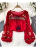 Women's Blouses Women Spring Autumn Blouse Bohemian Vintage Lantern Long Sleeve Round Neck Embroidered Loose Pullover Shirt Casual Top D5081