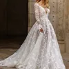 Western Country Hippie Bohemian Lace A Line Abiti da sposa Sexy scollo a V Backless Arabo Aso Ebi Abiti da sposa maniche lunghe Plus Size Abito da ricevimento CL2763