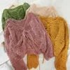 Damen-T-Shirts, Damen-Pullover, dünn, locker, weiblich, Pullover, kurzer V-Ausschnitt, aushöhlen, gestrickt, Kordelzug, Dreiviertel-Ärmel, Damen-Temperament