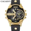 Luksus Cagarny kwarc zegarek czarny skórzany pasek Złoty obudowa podwójne czasy wojskowe dz relogio męskie casual męskie zegarki man x2674