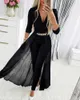 Women's Jumpsuits Rompers Deep V Neck Mesh Long Sleeve Jumpsuit One Piece Overall Women Black Elegant Rhine Chain Glitter Party Night Sexy BodysuitsL231005