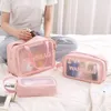 Mulheres viajam sacos de lavagem cosméticos portáteis de PVC rosa à prova d'água transparente display com zíper bolsa de mão para garrafa de toner skincare maquiagem batom estojos de armazenamento