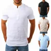 Novo verão camisa masculina baggy algodão linho sólido manga curta com decote em v retro blusa superior streetwear camisas hombre2490
