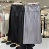 Abito a due pezzi KUSAHIKI moda argento gonna in pelle PU s 2023 autunno coreano schiena divisa a vita alta sottile gonna lunga dritta Mujer 231005