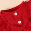 Pagliaccetti 3 pezzi Set di vestiti per bambina per bambini Bowknot Top rosso Pantaloni stampati amore Abiti casual per neonati Abiti per neonati nati 6M 12M 230928