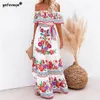 Zomer Print Vintage Lange Jurken Voor Vrouwen Sexy Off Schouder Ruche Mode Boho Party Maxi Jurk Dames Strand Zonnejurk 220613285D