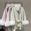 Women Fur Faux luksus kaszmirowy Poncho Blend Kobiety jesienne zima długa płaszcz wstążki prawdziwe rękawy batwing wełniany płaszcz 230928