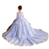 Adorável vestido de esfera azul, menina princesa, apliques de renda alta do pescoço de pescoço infantil para crianças vestidos de concurso para crianças pequenas crianças vestido de aniversário 403