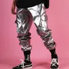 Costumes pour hommes Blazers Pantalon sarouel en cuir décontracté Homme Streetwear Hip Hop Punk Argent Multi Poche Cargo Pantalon Vêtements de scène DJ Singer Pant Men 231005