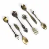 6 stks Vintage Lepels Vork Mini Koninklijke Stijl Metalen Goud Gesneden Koffie Fruit Dessert Keuken Tool Theelepel Set258j