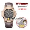 Nouveau PFF 40mm Sport 5712R-001 5712 Montre mécanique à remontage manuel pour hommes Phase de lune Réserve de marche Cadran gris Or rose Cuir marron he262t