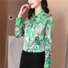 Luxe Mode Grafisch Groen Shirt Lange Mouw Dames Designer Zijde Satijn Button Up Shirts 2023 Herfst Winter Mode Revers Fijne Elegante Blouses Grote Maten Runway Tops