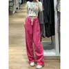 Calças femininas rosa jeans mulher vintage cintura alta perna larga kawaii y2k streetwear moda coreana casual denim calças 90s estética