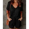 Jumpsuits voor dames Rompertjes Zomer Jumpsuit met V-hals en korte mouwen Effen voor dames Casual shorts Joggerbroeken Playsuit Overalls Body's Rompertjes met zakkenL231005