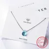 Hängen Real Blue Crystal Water Drop Pendant Necklace 925 Sterling Silver ClaVicle Chain for Women Girl Gift S-N292