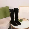 Dernières bottes longues pour femmes avec talon bas, bout rond, panneaux en cuir et tissu et daim avec boucle en métal, imprimé décoratif, taille 35-42