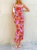 Casual Dresses Women Cocktail Party Gown Sling Dress Sleeveless Tie-up Backless Flower Print Summer Long Formal