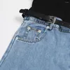 Jeans femininos chiques denim emendando calças com cinto feminino meninas estiramento bell bottoms calças bolsos duplos rasgados