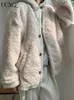 Womens Fur Faux UCXQ Korean Fashion Silhouette Solid Vneck Warm Lamb Wool Coats Kvinnlig vinter Löst långärmare Jacka 10Ab3090 230928