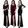 Casual Dresses Sexy V Neck Golden Velvet Maxi Dress Ladies High midje Front Ruffle Slit Red Women Spring Fall Evening Gown Party267f