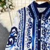 Two Piece Dress Runway Blue And White Porcelain Set Women's Lapel Long Sleeve Print Blouse Shirts And High Waist Cropped Pants Trousers Suit 2024