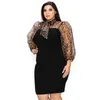 Abiti taglie forti Wsfec L-4XL per le donne 2023 Autunno Leopard Mesh sette maniche patchwork aderente sexy mini abito da festa goccia