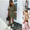 Sexy New Womens Beach Summer robe à volants unie avec manches courtes et volants robe robes de style de rue chemise jupe grande taille S-175E