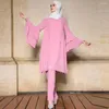 Vêtements ethniques Musulman Abaya pour femme rose cousu à la main perceuse manches lotus deux pièces ensemble Khimar Islam Malaisie Baju Kurung