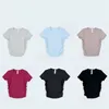 2023 Ribbed Tight Shirt Lulus Yoga Sexig midja Forma Croped Tank Top Kort ärmskjortor LuLulemen Womens Fitness Room T-shirt andningsbara kläder för toppar