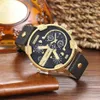 Luxury Cagarny Quartz Watch Men Black Leather Strap Golden Case Dual Times Military dz Relogio Masculino Casual Mens Watches Man X2674