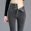 Jeans da donna termici invernali in pile spesso a vita alta pantaloni skinny caldi da donna con bottoni elasticizzati pantaloni mamma casual in velluto 231005