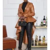 Женское кожаное пальто из искусственной искусственной кожи для женщин, длинный плащ с рюшами и плиссированной кромкой, асимметричный повседневный винтажный однотонный зимний верх в стиле High Street 230928