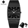 Wwoor Top Brand Luxury Black Square Watches For Men Waterproof Slim Datum Armbandsur Male Steel Mesh Belt Quartz Analog Clock Men 2306T