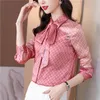 Vintage Revers Band Schleife Rosa Hemd für Frauen Langarm Luxus Designer Seidensatin Blusen 2023 Herbst Winter Klassisch Button Up Hemd Büro Damen Schicke Runway Tops