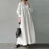 Casual Jurken 2023 Vrouwen Oversized Jurk Streep Eid Moslim Lantaarn Mouw A-lijn Enkellange V-hals Gewaad Vestidos Ramadan