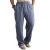 Calças masculinas cintura elástica homens azul linho estilo chinês 2023 homens casuais calças de algodão confortável sólido solto